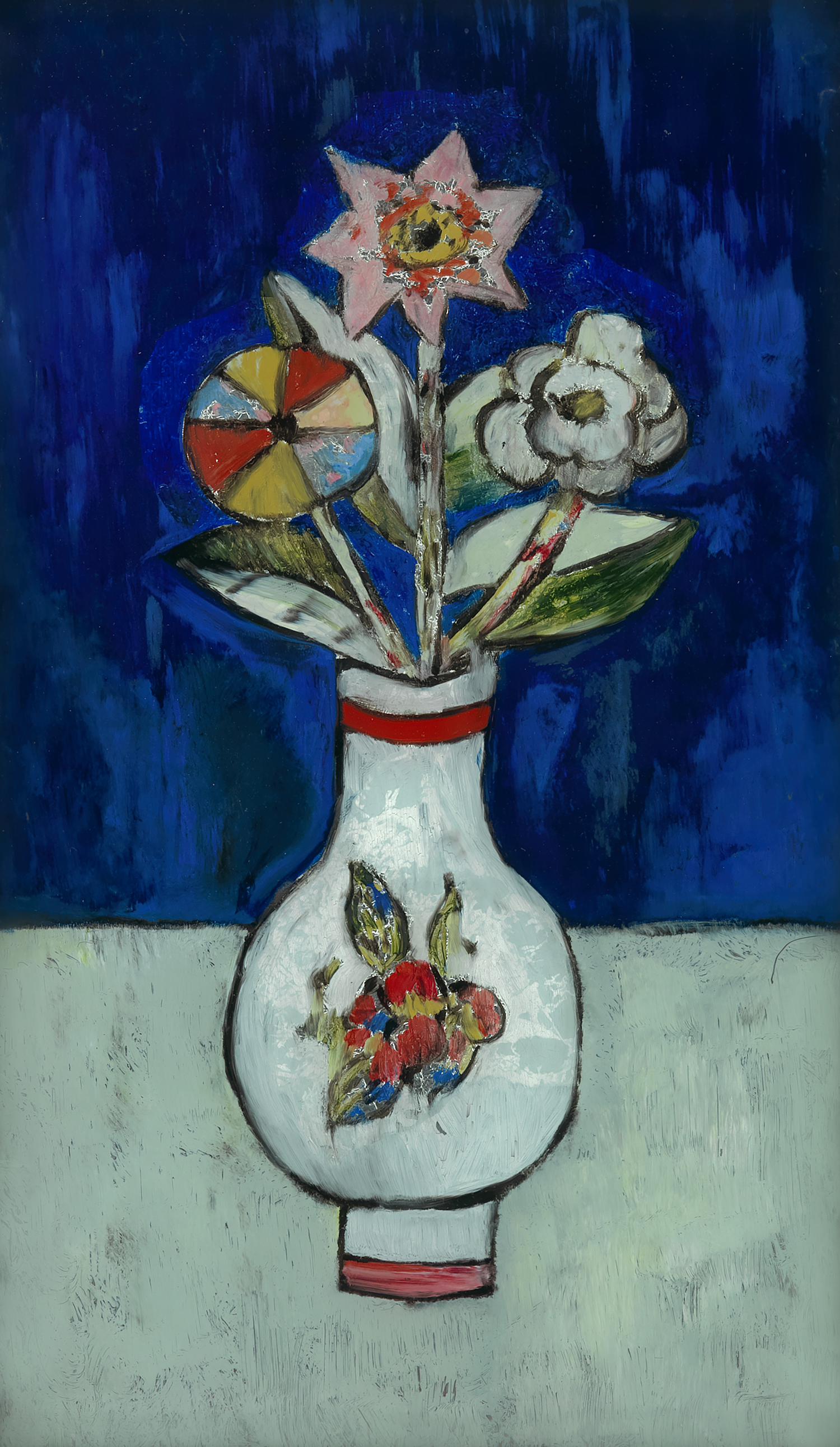 Three Flowers in a Vase (1917). Oil and metal leaf on glass 13 1/8 x 7 5/8 in. (33.3 x 19.4 cm) Private collection.