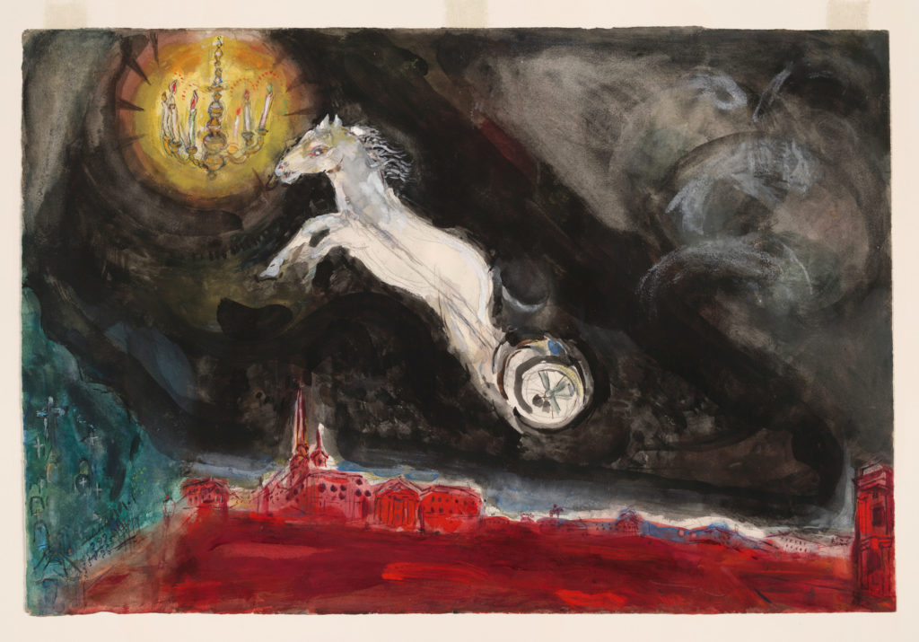 Marc Chagall, Study for Backdrop for Aleko: A Fantasy of St. Petersburg (Scene IV), 1942, gouache, watercolor, and graphite on paper, 15 × 22 3/8 in., Museum of Modern Art, New York, acquired through the Lillie P. Bliss Bequest, 1945, © 2017 Artists Rights Society (ARS), New York/ADAGP, Paris, digital image © 2017 The Museum of Modern Art/licensed by SCALA/Art Resource, NY