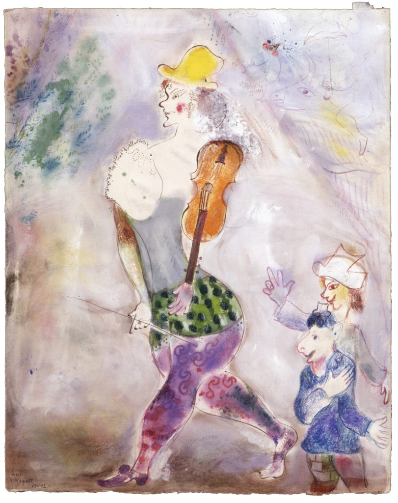 Clown Playing the Violin, Marc Chagall. 1941–42, gouache, gouache wash, pastel, colored ink, colored pencil, and graphite on paper, 24 3/8 × 19 5/16 in., private collection, © 2017 Artists Rights Society (ARS), New York/ADAGP, Paris, photo © 2017 Archives Marc et Ida Chagall, Paris