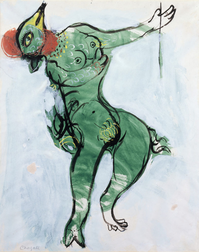 Marc Chagall, Costume Design for The Firebird: Green Monster, 1945, watercolor, gouache, and india ink on paper, 17 × 14 in., private collection, © 2017 Artists Rights Society (ARS), New York/ADAGP, Paris, photo © 2017 Archives Marc et Ida Chagall, Paris