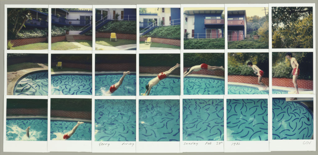 David Hockney "Jerry Diving Sunday Feb. 28th 1982" Composite polaroid 10 1/2 x 24 1/2" © David Hockney Photo Credit: Richard Schmidt