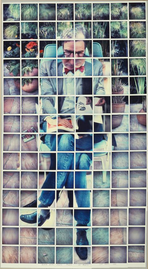 David Hockney "Nicholas Wilder Studying Picasso. Los Angeles 24th March 1982." Composite polaroid 48 1/2 x 26 1/2" © David Hockney Photo Credit: Richard Schmidt