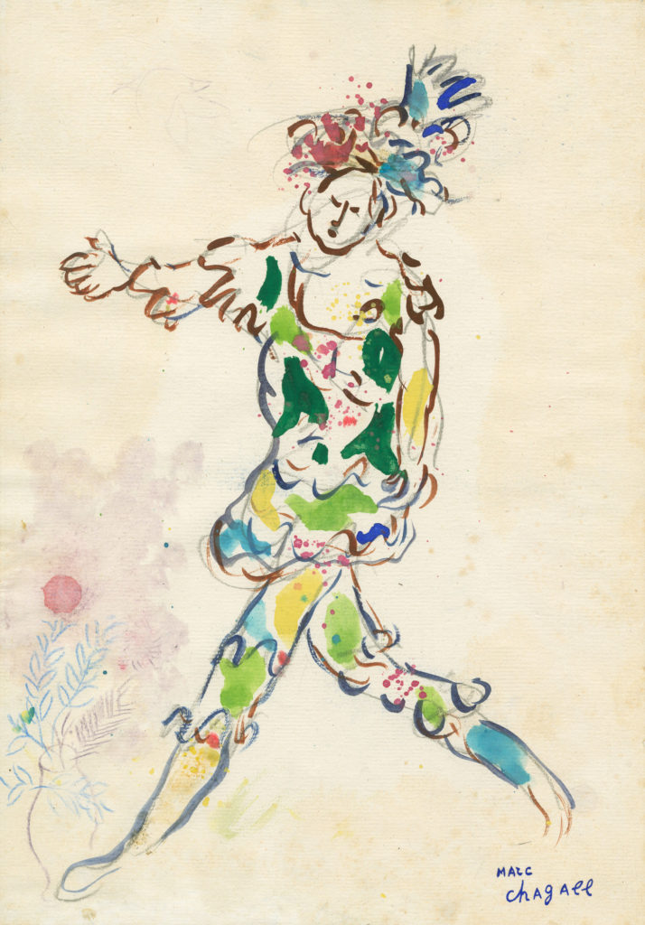 Marc Chagall, Costume Design for Daphnis and Chloe: Young Man, 1958, gouache, watercolor, graphite, and paper collage on paper, 13 3/8 × 9 3/8 in., private collection, © 2017 Artists Rights Society (ARS), New York/ADAGP, Paris, photo © 2017 Archives Marc et Ida Chagall, Paris
