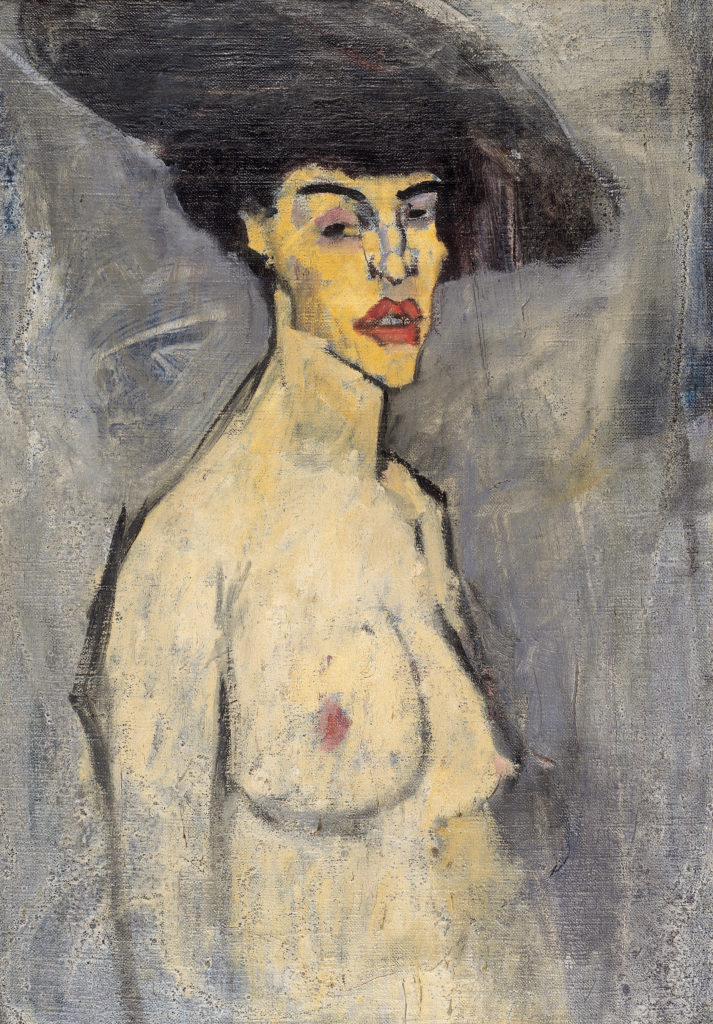 Amedeo Modigliani, "Nude with a Hat" 1908 Painting exhibited at Modigliani Unmasked at the Jewish Museum