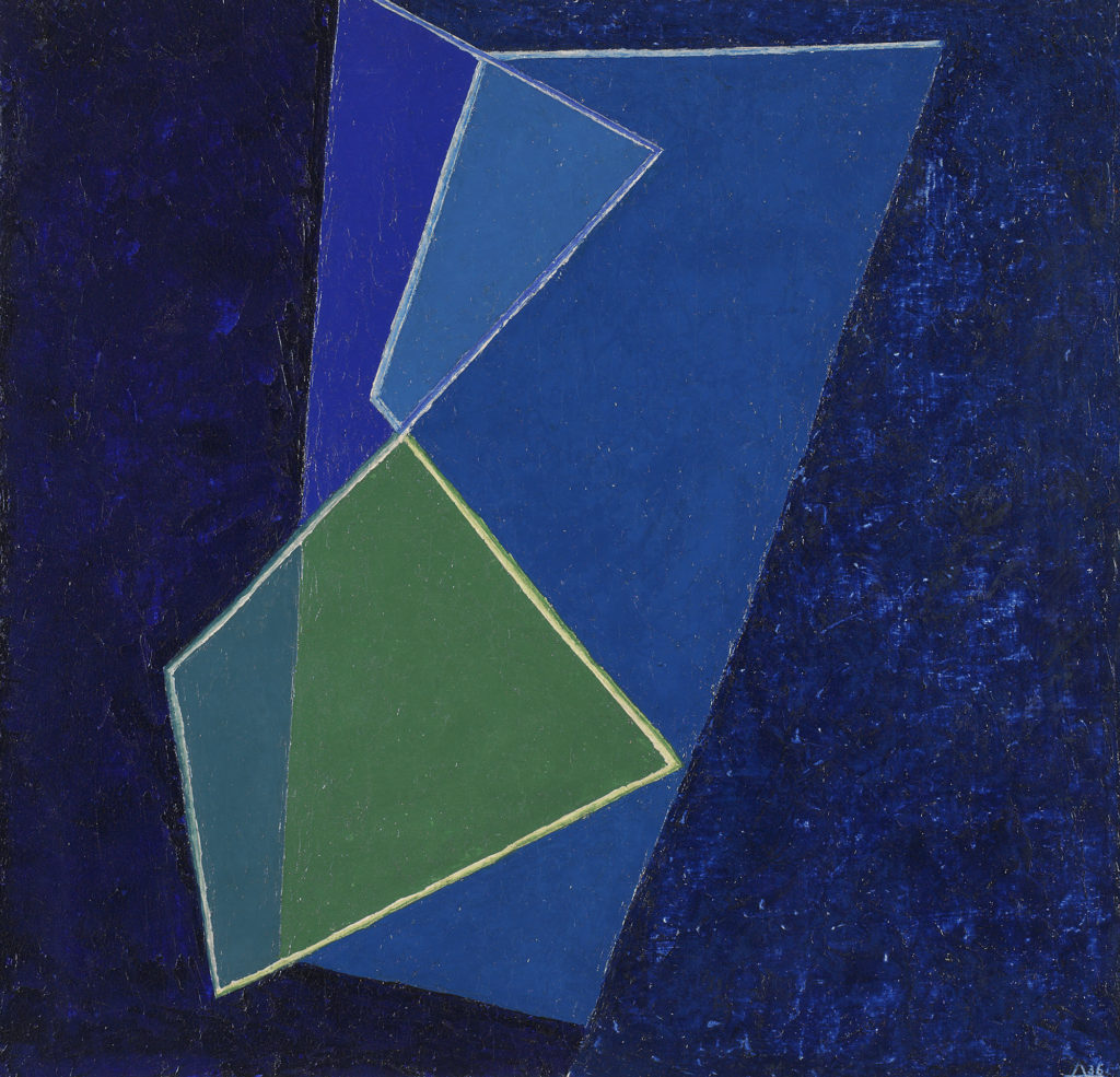 Joseph Albers painted a vibrant blue and green painting called Prismaticll on oil on masonite
