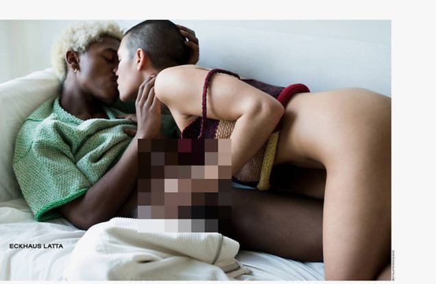Photograph of one of the diverse couples having sex in Eckhaus Latta's 2017 fashion campaign shot by photographer Heji Shin.