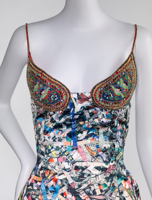 Photograph of Todd Oldham Dress on a head-less mannequin displayed at the Wexner Center of the Arts