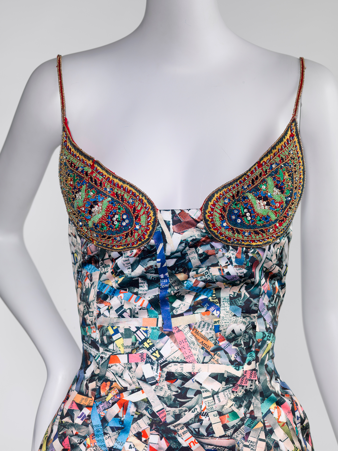 Photograph of Todd Oldham Dress on a head-less mannequin displayed at the Wexner Center of the Arts
