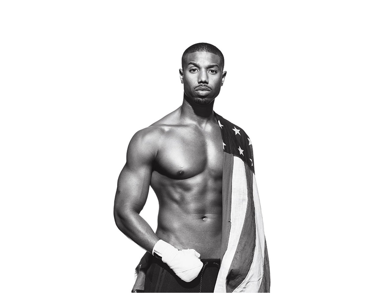 Michael B. Jordan shirtless American flag over shoulder