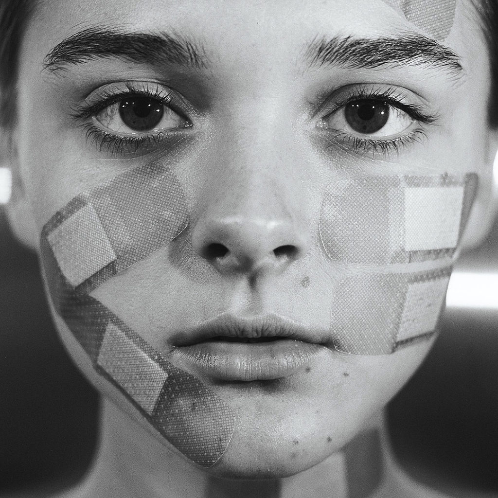 Photographer Tyler Shields photograph of a young girls face covered in large band aids