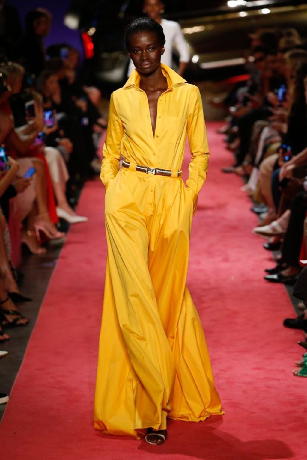 B Maxwell Collection Spring Summer 2019 Runway Model Wearing Yellow to and flowing pants