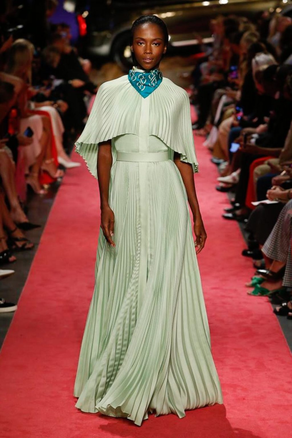 B Maxwell 2019 Spring Summer Collection Runway Model in Sea-Foam Green Flowing Dress
