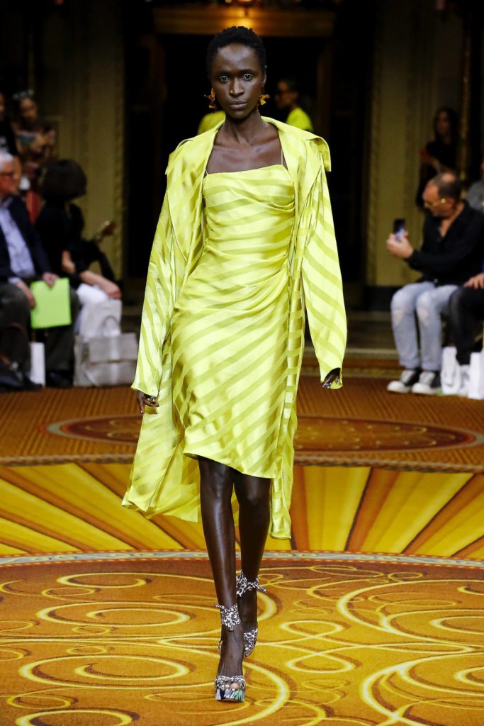 Christian Siriano 2019 Spring Summer Collection Runway Model Wearing Yellow Striped Dress