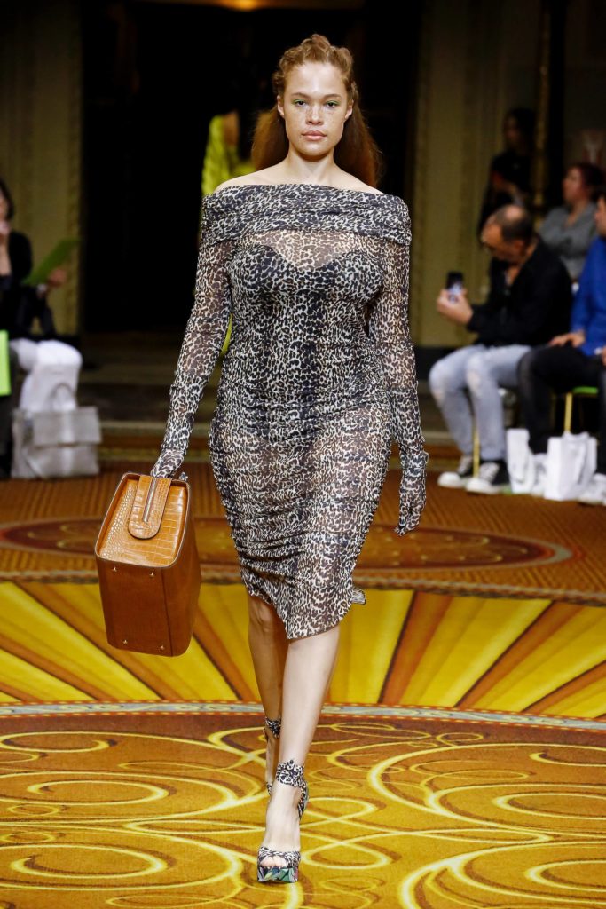 Christian Siriano Spring Summer 2019 Collection Plus Size Model Wearing Animal Print Dress Carrying Large Bag