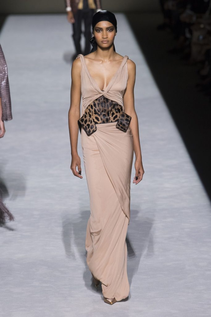 Tom Ford Collection Spring Summer 2019 Runway Model wearing sexy beige wrap dress with leopard flourishes 