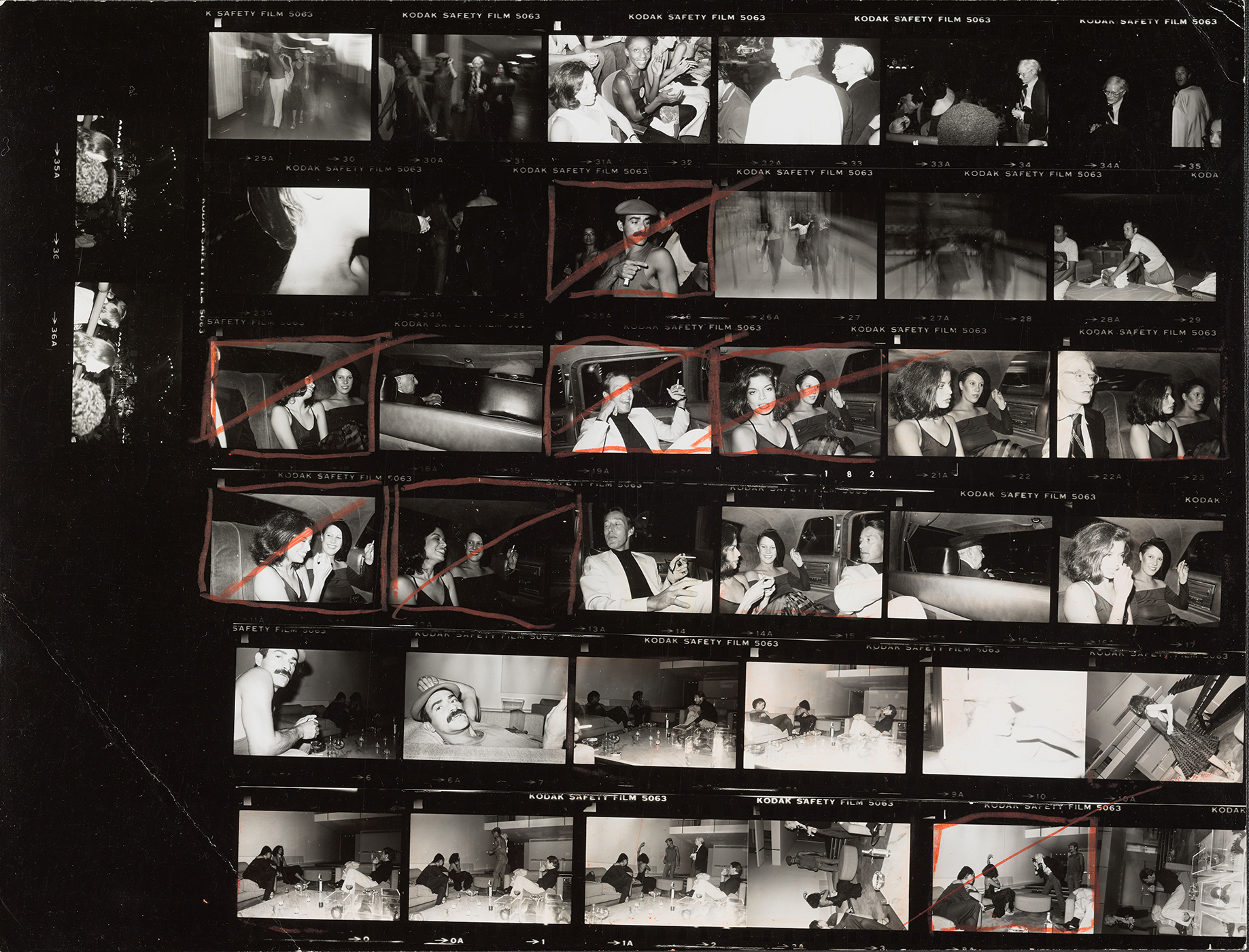 Andy Warhol contact sheet with bianca jagger, Halston, de Beauvau, Bethann Hardison