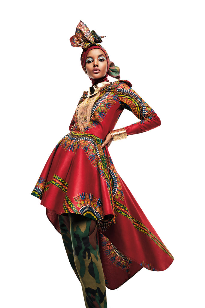 model in beautiful red caftan and camouflage pants-contemporary-muslim-fashions-de-young-museum