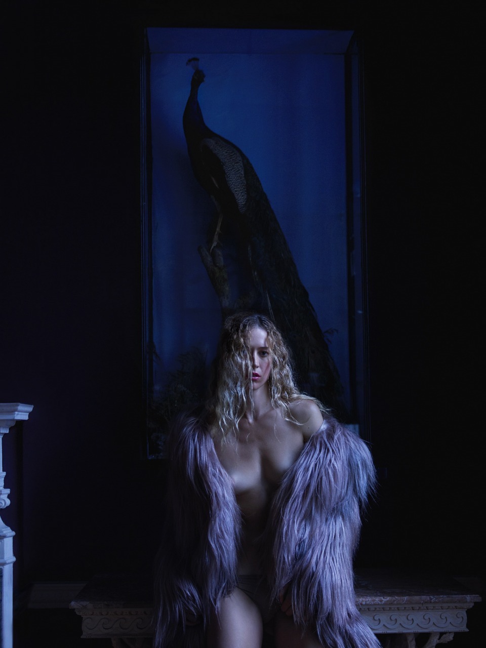 Naked Women Loosely Draped with a Lilac Fur Wrap