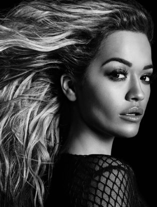 Black and white photo of Rita Ora