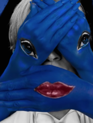 Screen shot of Beck's face hidden by three blue hands: one with lips and the other two with eyes from Beck's New Music Video, Colors, October 2018