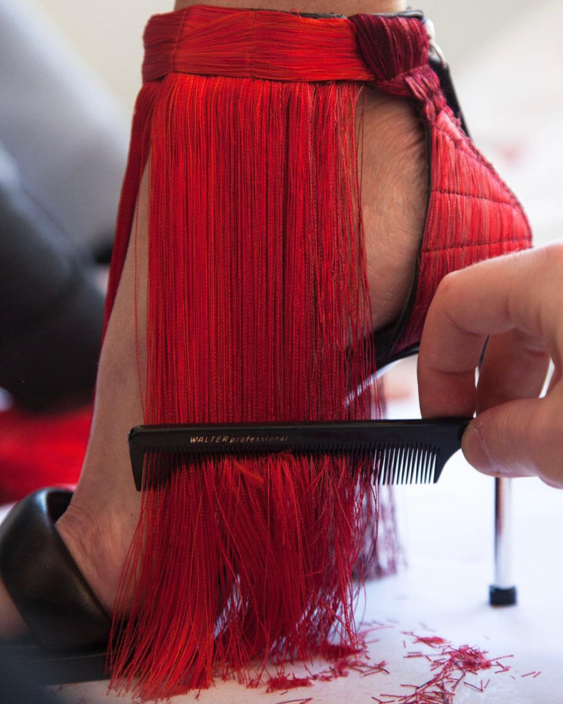 Alexander McQueen red silk fringe pin heel shoe