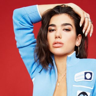 dua lipa blue open front sweater hand on head