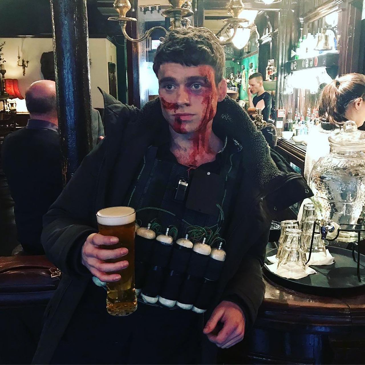 Bloody face Richard Madden beer body bombs