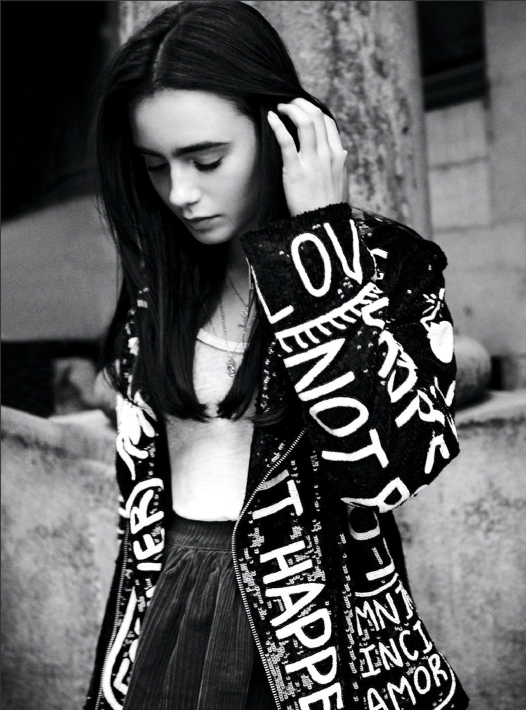 Lily Collins Wearing Asos Jacket Printed with Love and Other Words