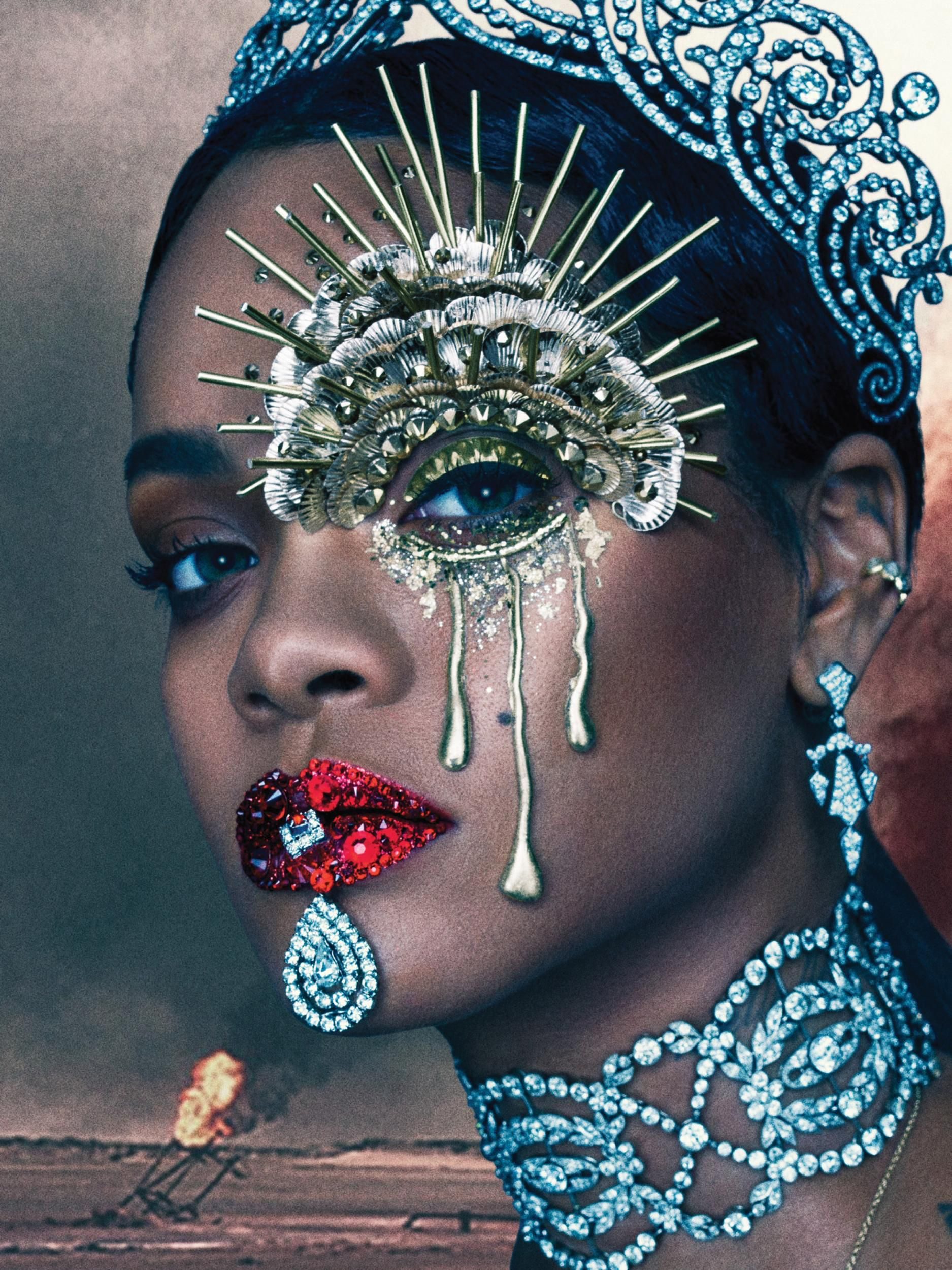 Rhianna with amazing celebrity eye makeup by makeup artist Pat McGrath