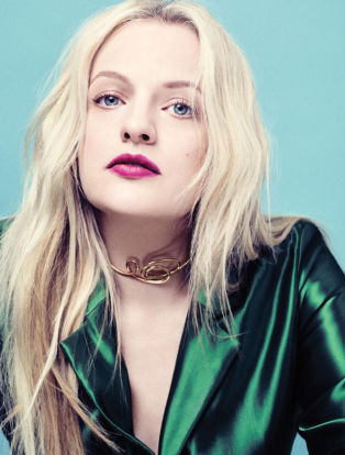 Elizabeth Moss blonde hair red lips green silk