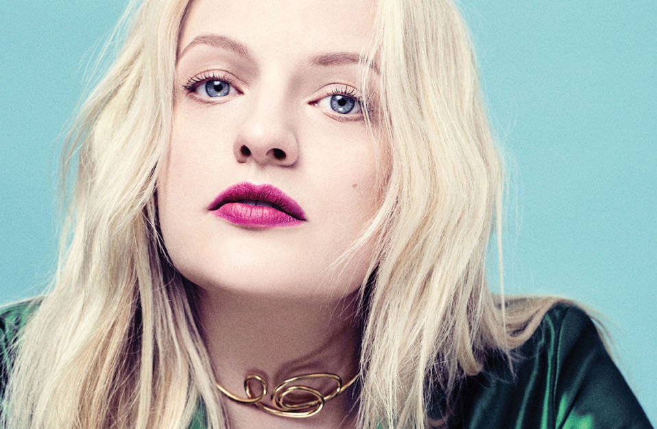 Elizabeth Moss blonde hair red lips green silk