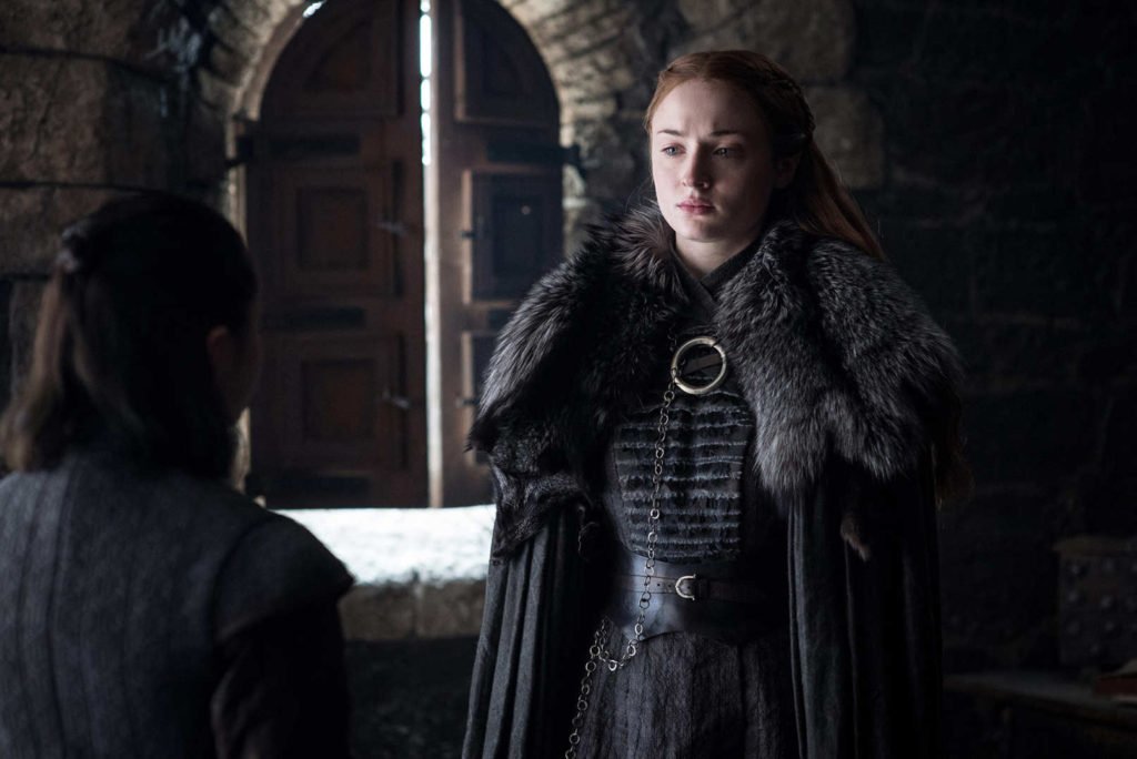Game of Throne Sansa Stark Wearing Fur Collared Coat Speaking with Arya
