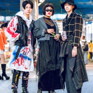 Tokyo fashion streetwear-Japanese youth in mixed patterns, styles and colors including one young man wearing a yellow New York shirt with number 23