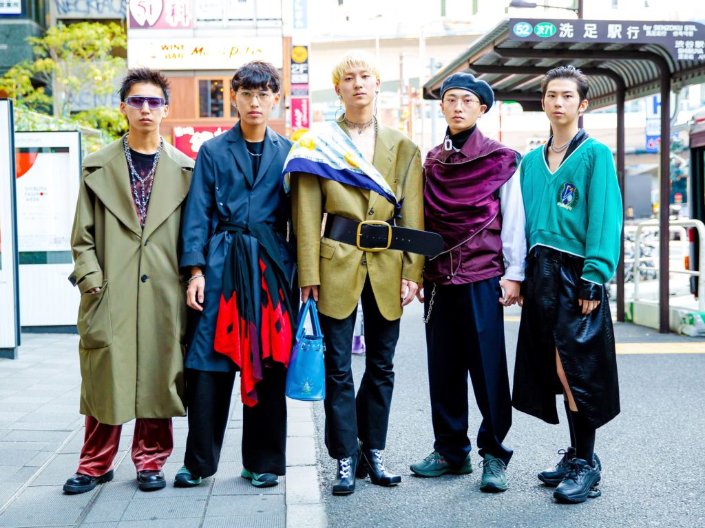 Tokyo Fashion Streetwear-Five Young Men Wearing a Mix of prints, colors and styles