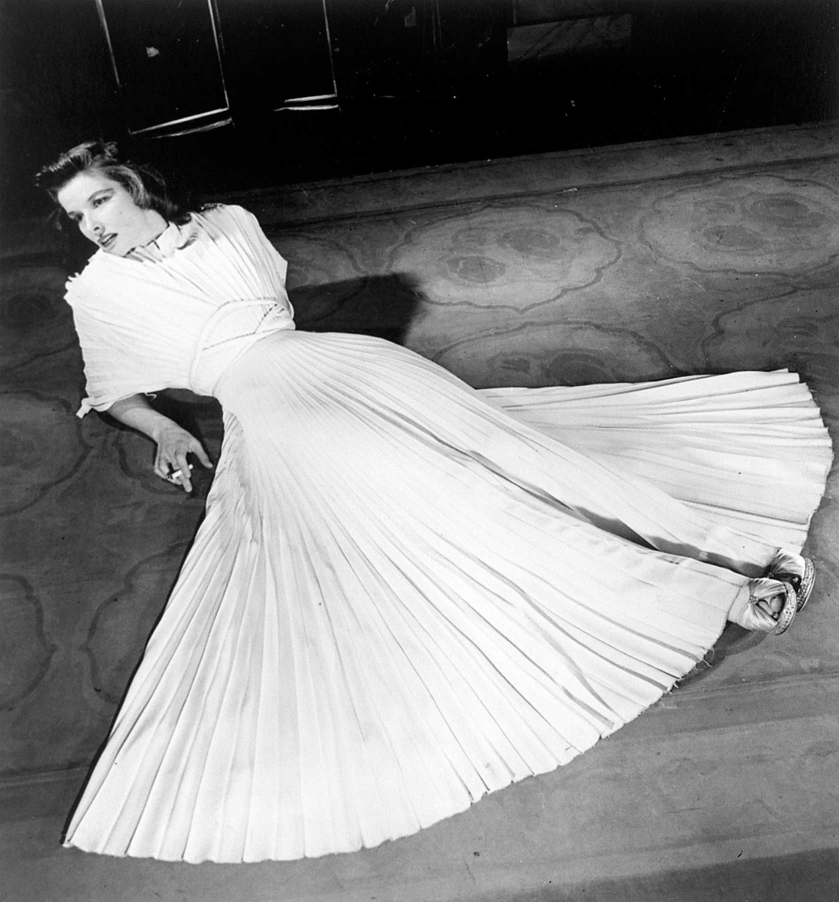 portrait of Katharine Hepburn in a pleated dress