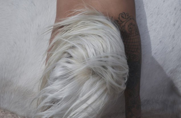 yeezy-zine-image-of-a-naked-body-with-bleach-blond-long-hair-slumped-over-a-white-horse