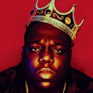 famous photograph of Biggie Smalls wearing a crown in front of a red background