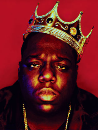 famous photograph of Biggie Smalls wearing a crown in front of a red background