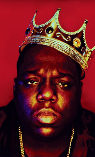 famous photograph of Biggie Smalls wearing a crown in front of a red background