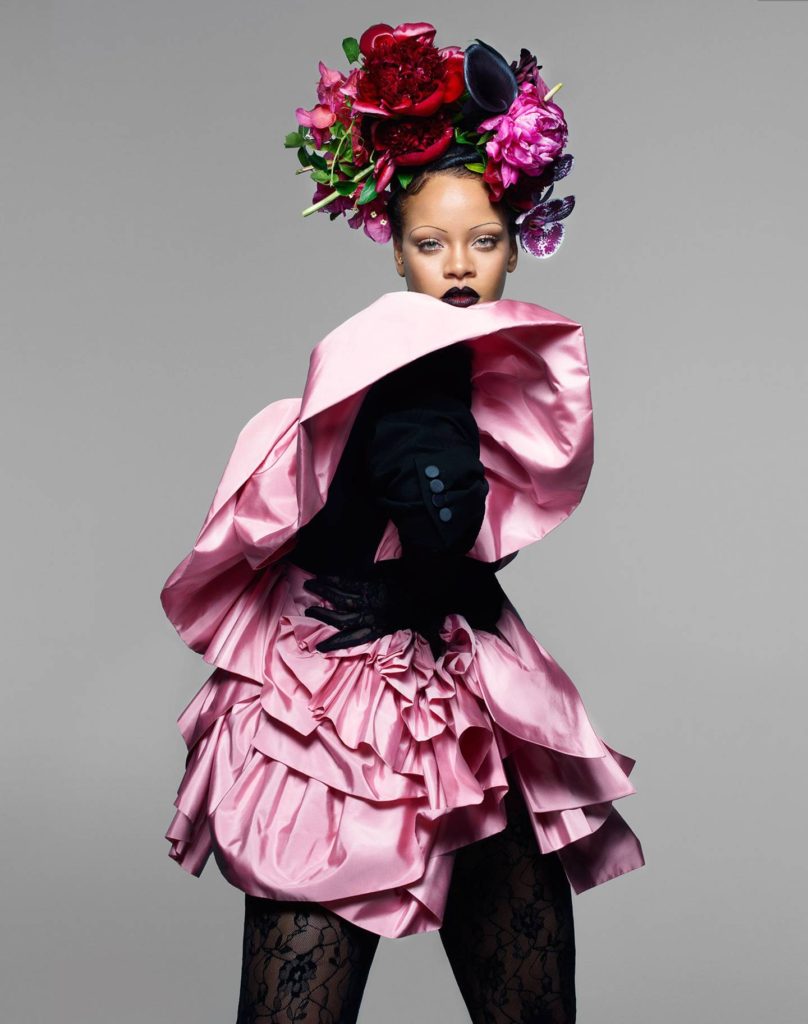 Rhianna wearing floral headpiece and hot pink dress