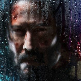 john-wick-3-keanu reeves behind a foggy window with water drips