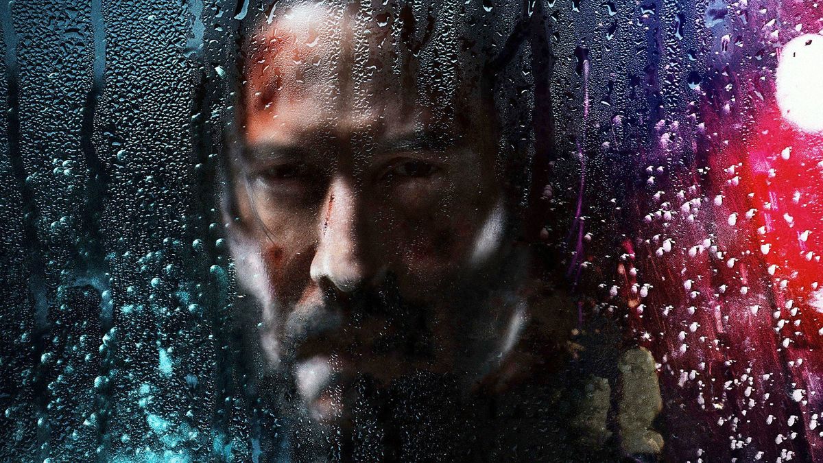 john-wick-3-keanu reeves behind a foggy window with water drips