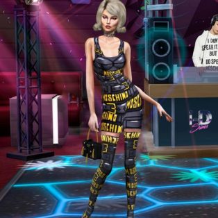 Moschino digital fashion model with blonde bob and wearing sexy black and yellow outfit standing on a digital dance club scene