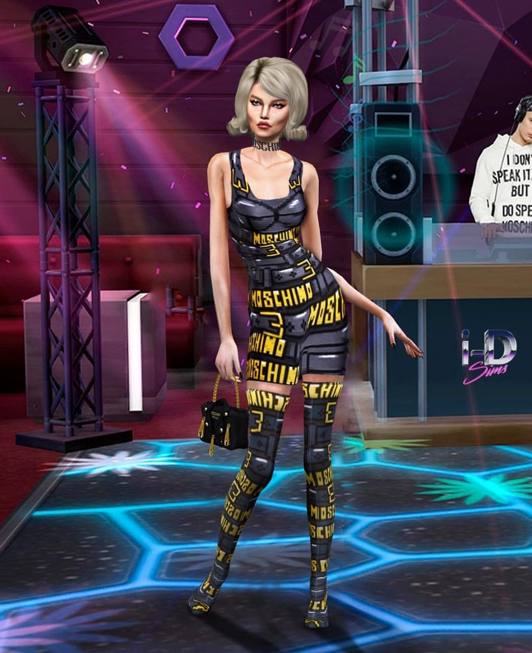 Moschino digital fashion model with blonde bob and wearing sexy black and yellow outfit standing on a digital dance club scene