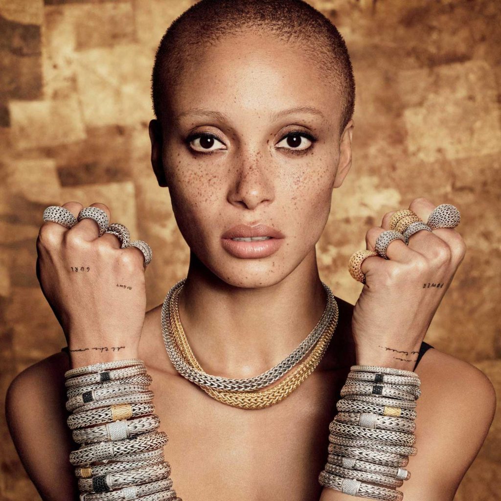 super model adwoa aboah wearing john hardy bracelets, rings and necklaces