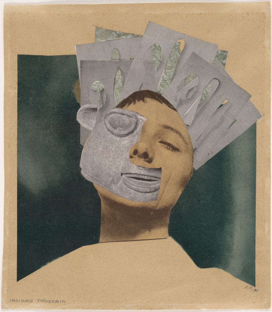 Hannah Hoch Mixed Media Collage of a Womens Face right eye closed wtih a gray paper crown against a green background