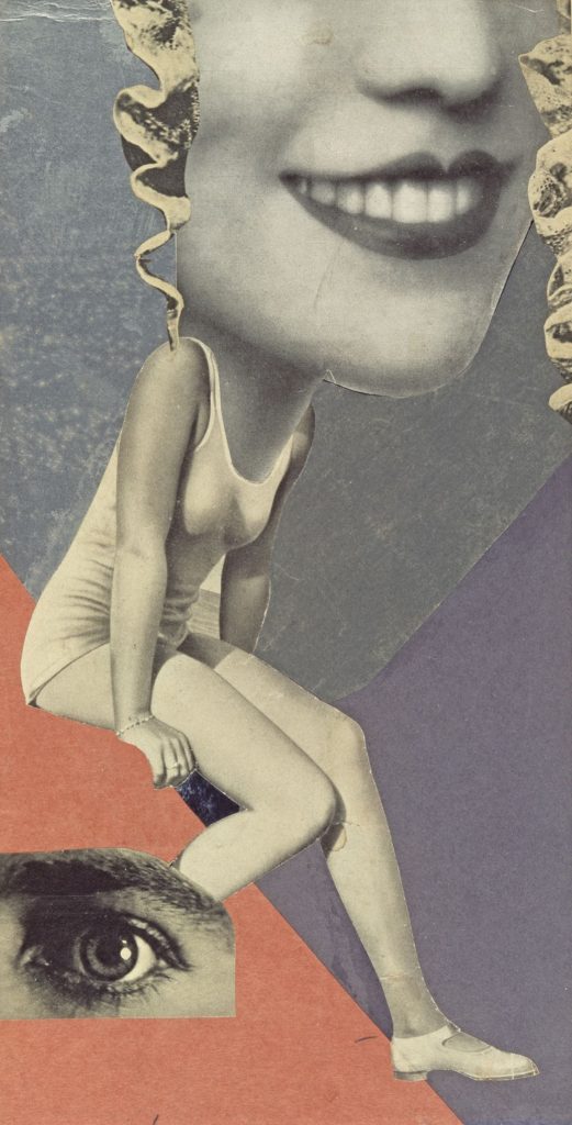 Hannah Hoch Mixed Media Collage of an Oversized mouth and nose of a womens face on top of a womens body in a 1930s bathing suit and a cut out of an eye below the body of the woman