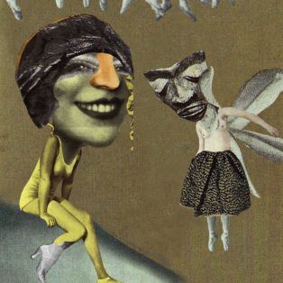 Hannah Hoch Mixed media Humorous Collage of Flying Women with Oversized faces and masks