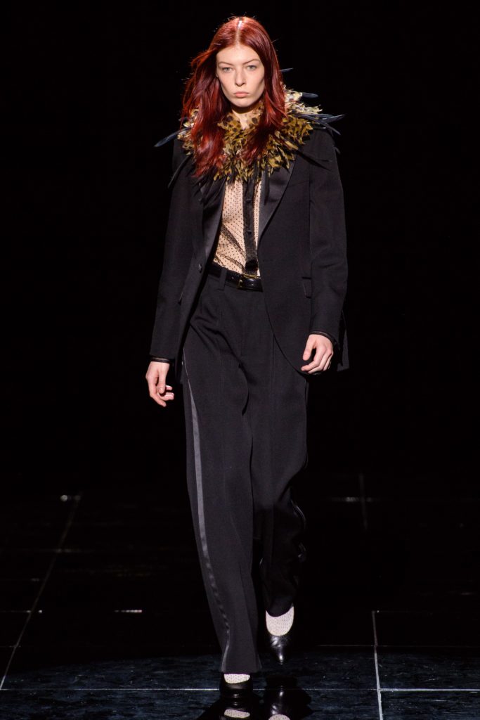 MARC JACOBS Fall 2019 Model Wearing Tuxedo and Leopard Print Scarf