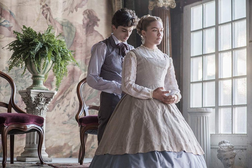 Timothee Chalamet as Laurie and Florence Pugh as Amy March in Little Women